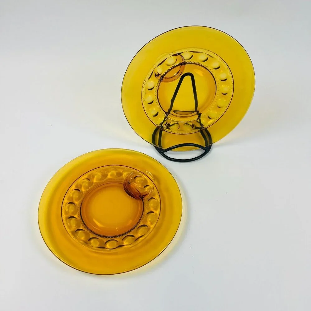 Indiana Glass 2 Kings Crown Thumbprint Amber Dinner Plates 10.25” Pair